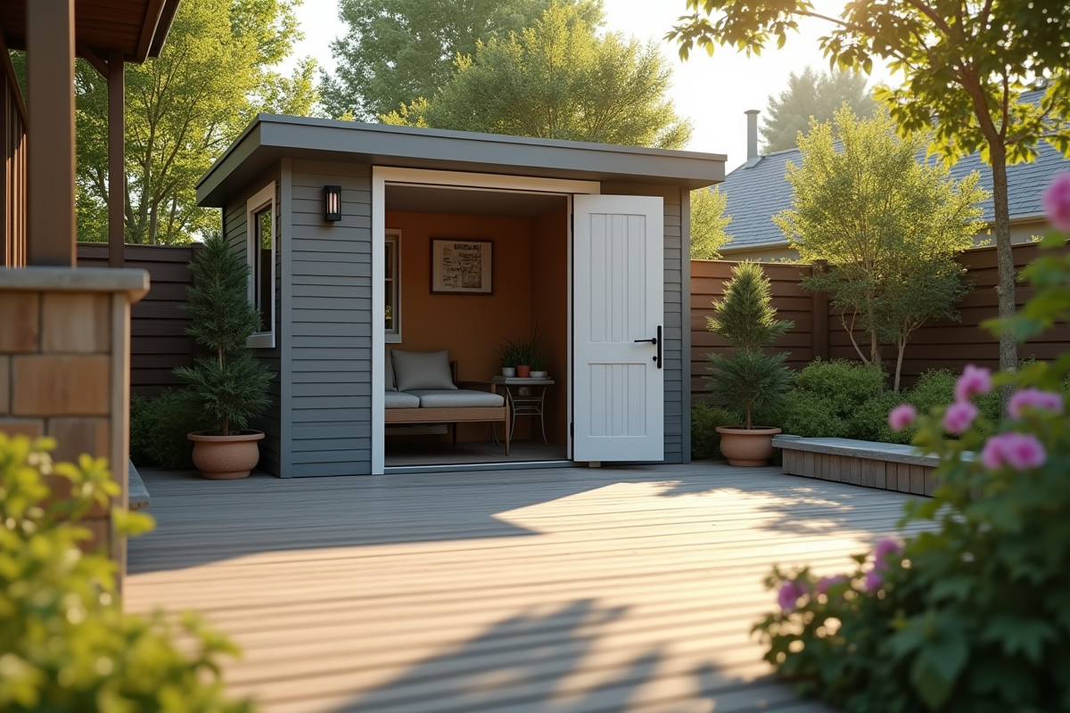 Abri de jardin moderne sur patio ensoleille avec plantes