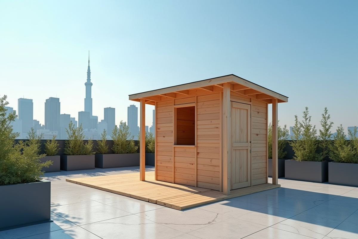 Petit abri de jardin en bois sur terrasse urbaine en plein jour