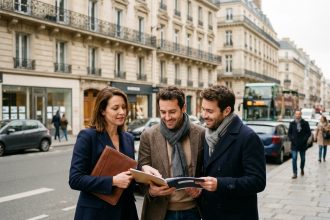 Chasseur immobilier accompagnant un couple d'acheteurs dans une rue haussmannienne à Paris