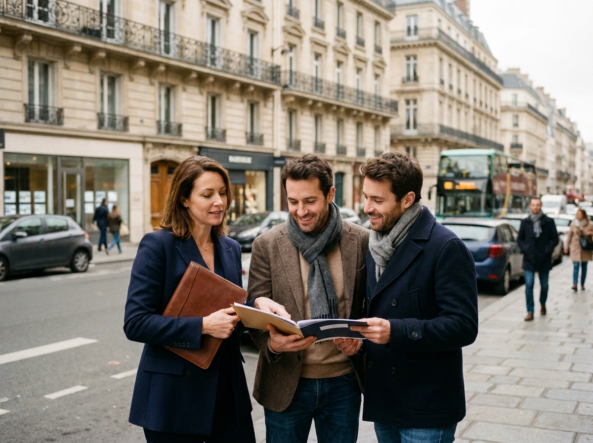 Chasseur immobilier accompagnant un couple d'acheteurs dans une rue haussmannienne à Paris