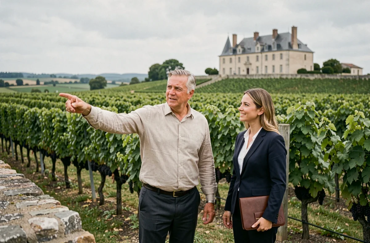 Propriétaire viticole et conseillère immobilière discutant d'une propriété viticole à vendre à Bordeaux devant un château et des rangées de vignes