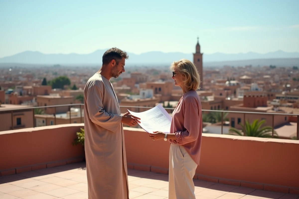 Femme expatriée et agent immobilier marocain discutant d'un projet d'achat de riad sur une terrasse de la médina de Marrakech