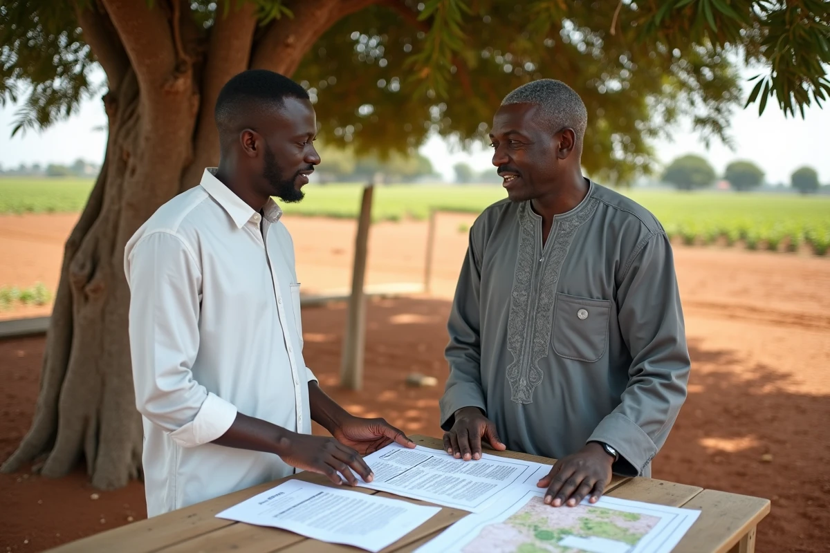 Deux hommes négociant l'achat d'un terrain agricole au Sénégal avec documents fonciers