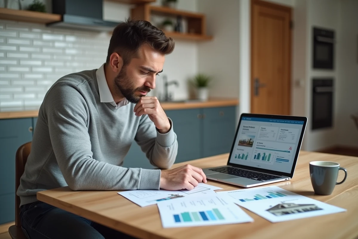 Acheteur immobilier analysant des offres d'achat avec un logiciel immobilier depuis son domicile