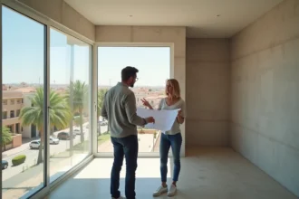 Couple français examinant des documents immobiliers dans un appartement vide à Guéliz, Marrakech