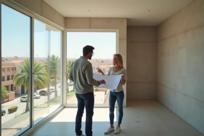 Couple français examinant des documents immobiliers dans un appartement vide à Guéliz, Marrakech