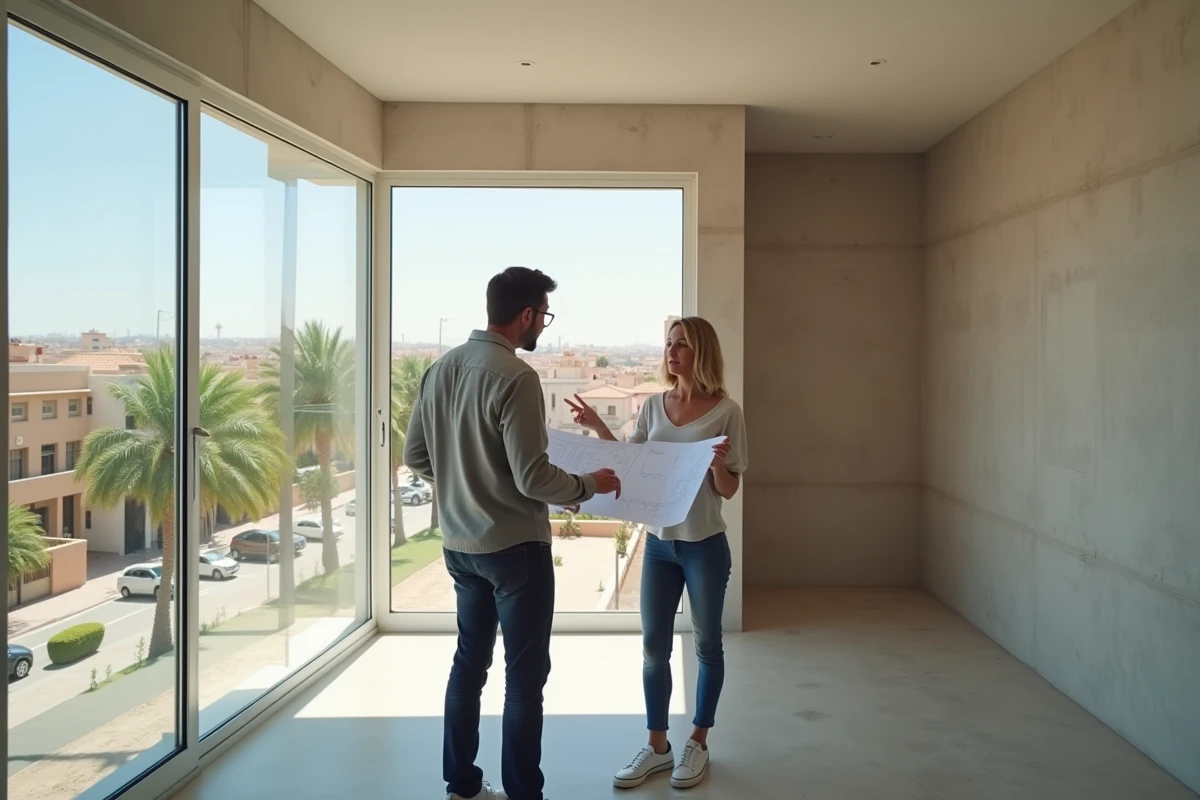 Couple français examinant des documents immobiliers dans un appartement vide à Guéliz, Marrakech