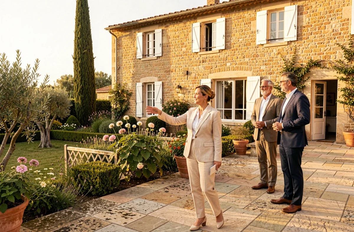 Agente d'Agences Privées faisant visiter une villa provençale à des acheteurs sur la terrasse