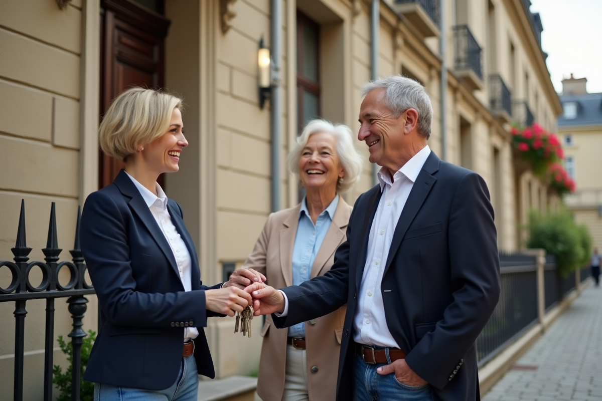 Agent immobilier remettant des clés à un couple devant une maison ancienne