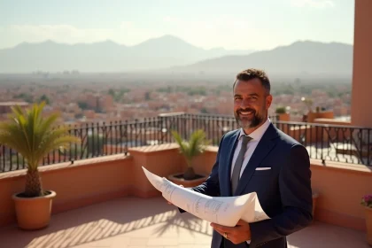 Agent immobilier marocain présentant un appartement moderne à Marrakech avec vue panoramique sur la ville et l'Atlas