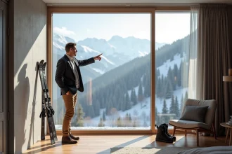 Agent immobilier présentant un appartement avec vue sur les pistes de ski aux Menuires