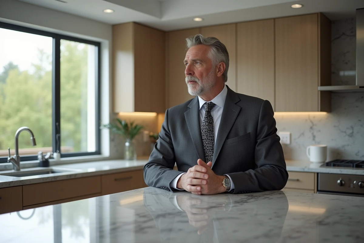 Agent immobilier en costume dans cuisine moderne