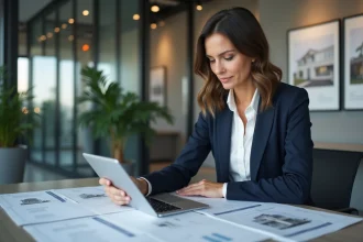 Agent immobilier préparant un dossier d'estimation immobilière dans une agence moderne