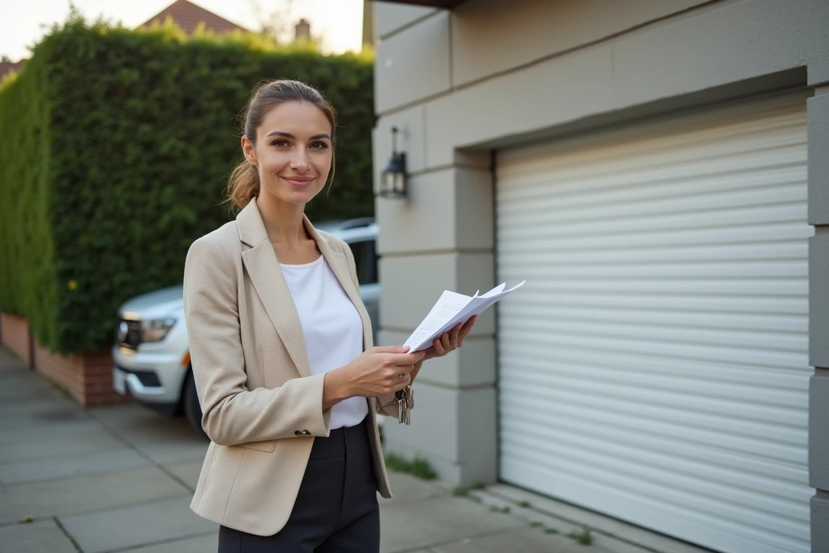 Femme agent immobilier devant un garage résidentiel tenant des documents de vente et un jeu de clés