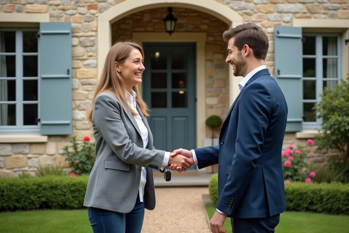 Agent immobilier remettant les clés à un couple devant une maison ancienne
