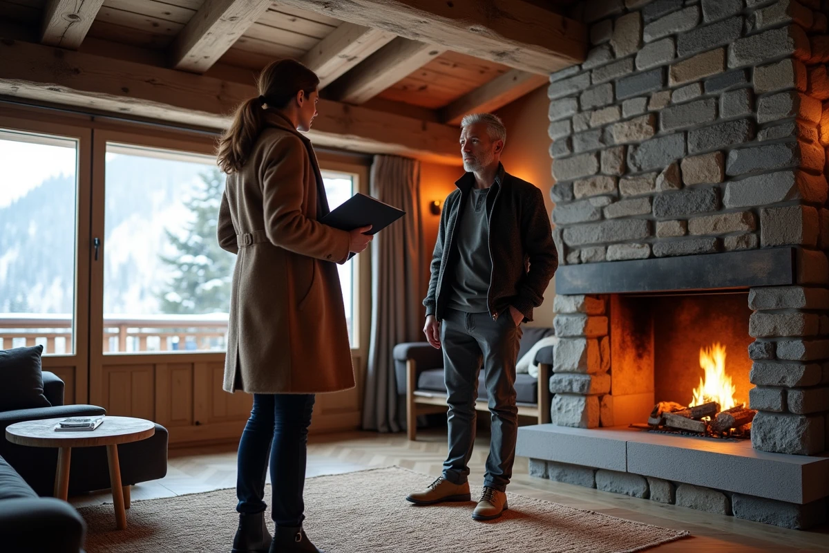 Agent immobilier présentant l'intérieur d'un chalet à vendre à Avoriaz à un acheteur potentiel