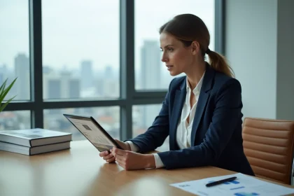 Agent immobilière analysant des mandats exclusifs sur tablette dans un bureau moderne avec vue sur la ville