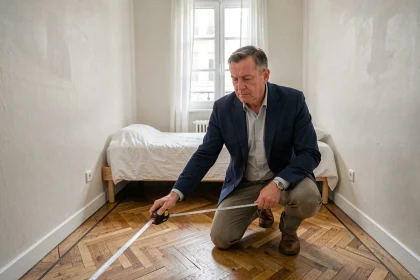 Agent immobilier mesurant la superficie d'une petite chambre avec un mètre ruban pour vérifier la conformité à la loi Carrez