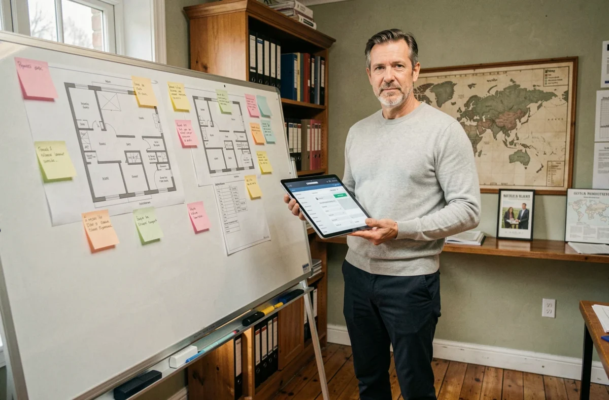 Agent immobilier consultant le portail Orchestra sur une tablette dans une agence immobilière locale, entouré de plans et de dossiers de gestion