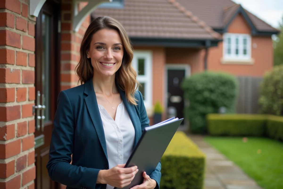 Agent immobilier souriant devant une maison de banlieue bien entretenue