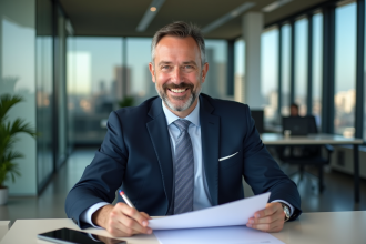 Agent immobilier souriant dans un bureau moderne