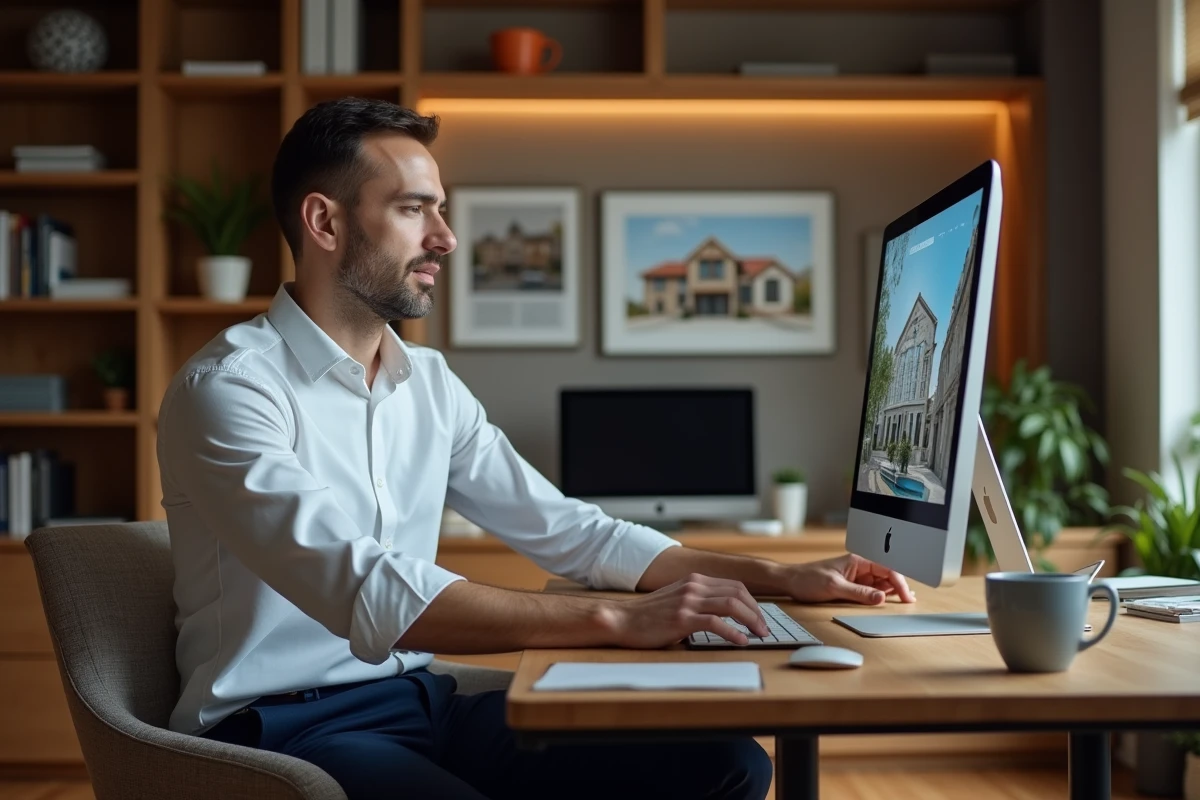 Agent immobilier consultant une plateforme de visite virtuelle 360 sur ordinateur dans un bureau à domicile
