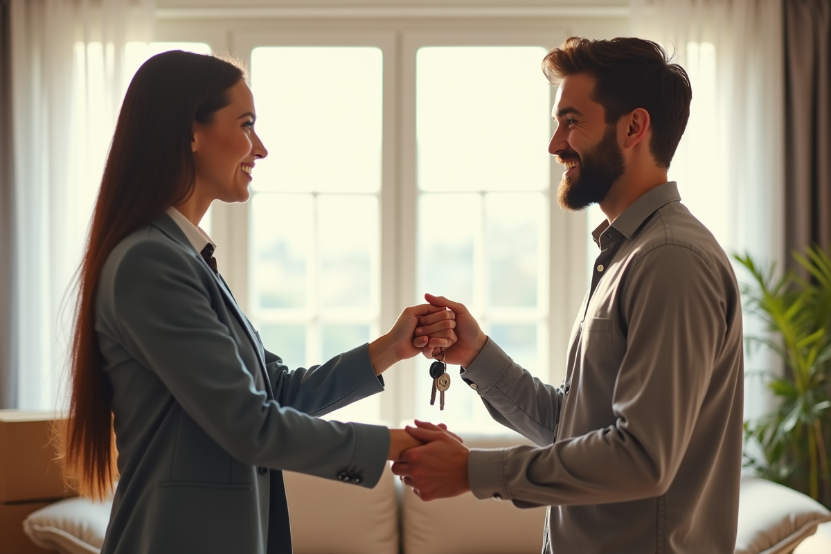 Agent immobilier remettant les clés à un locataire souriant dans un salon lumineux