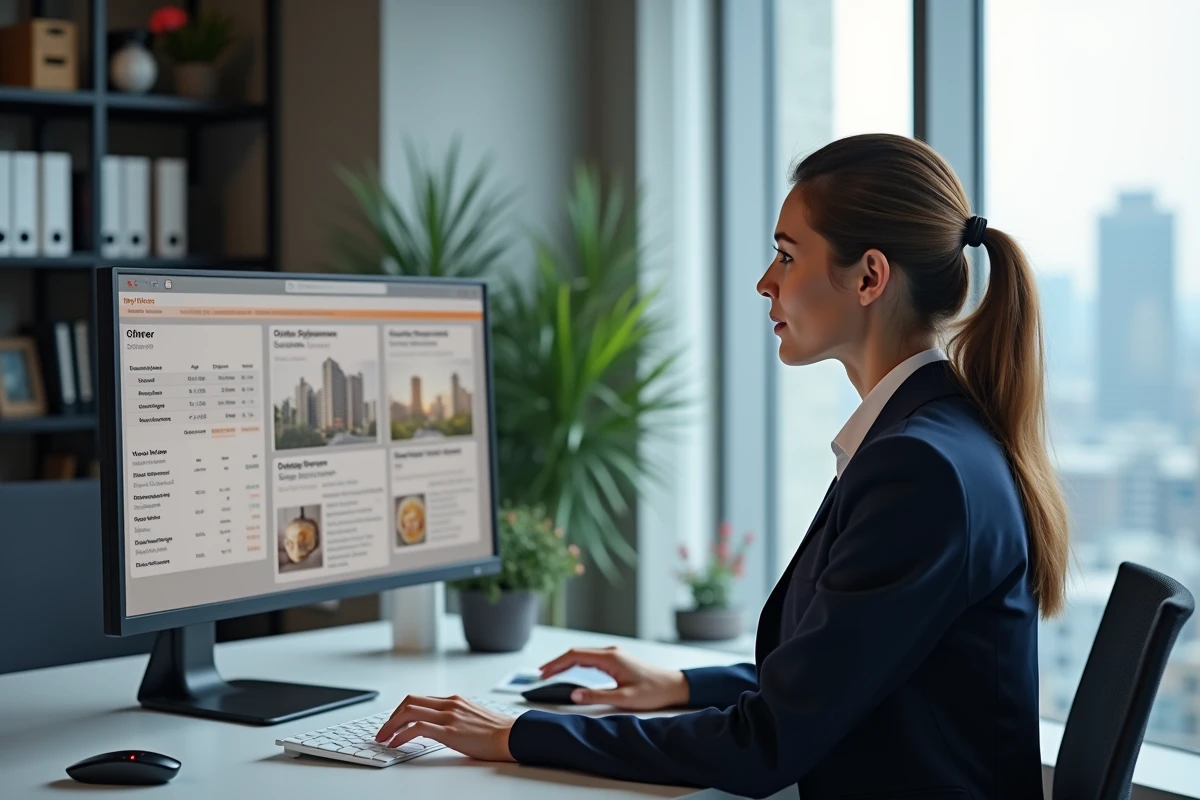 Agente immobilière utilisant un logiciel immobilier sur ordinateur pour optimiser des offres d'achat