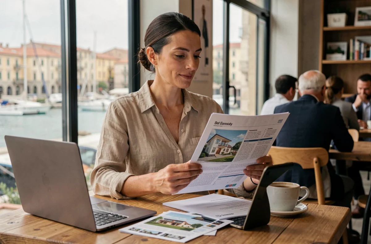 Femme analyste immobilière consultant des données de prix au m² à Marseille avec vue sur le Vieux-Port