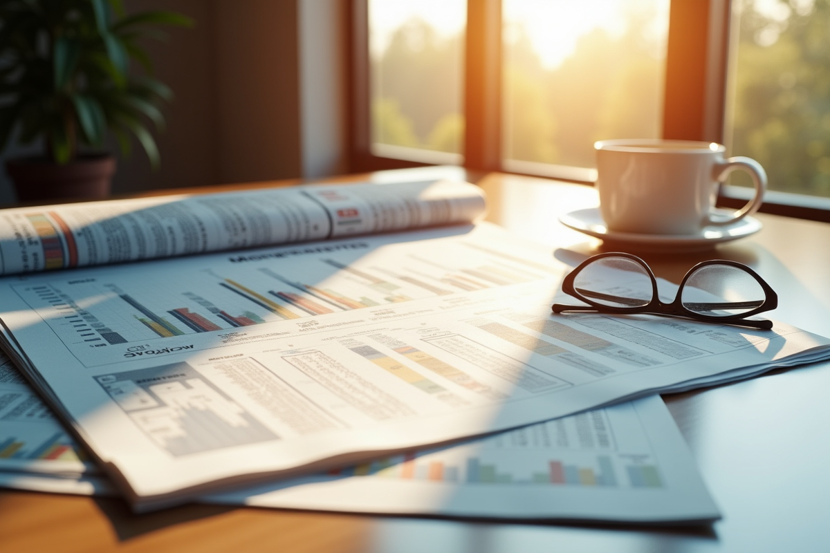 Journal ouvert avec graphiques de taux hypothécaires sur un bureau lumineux