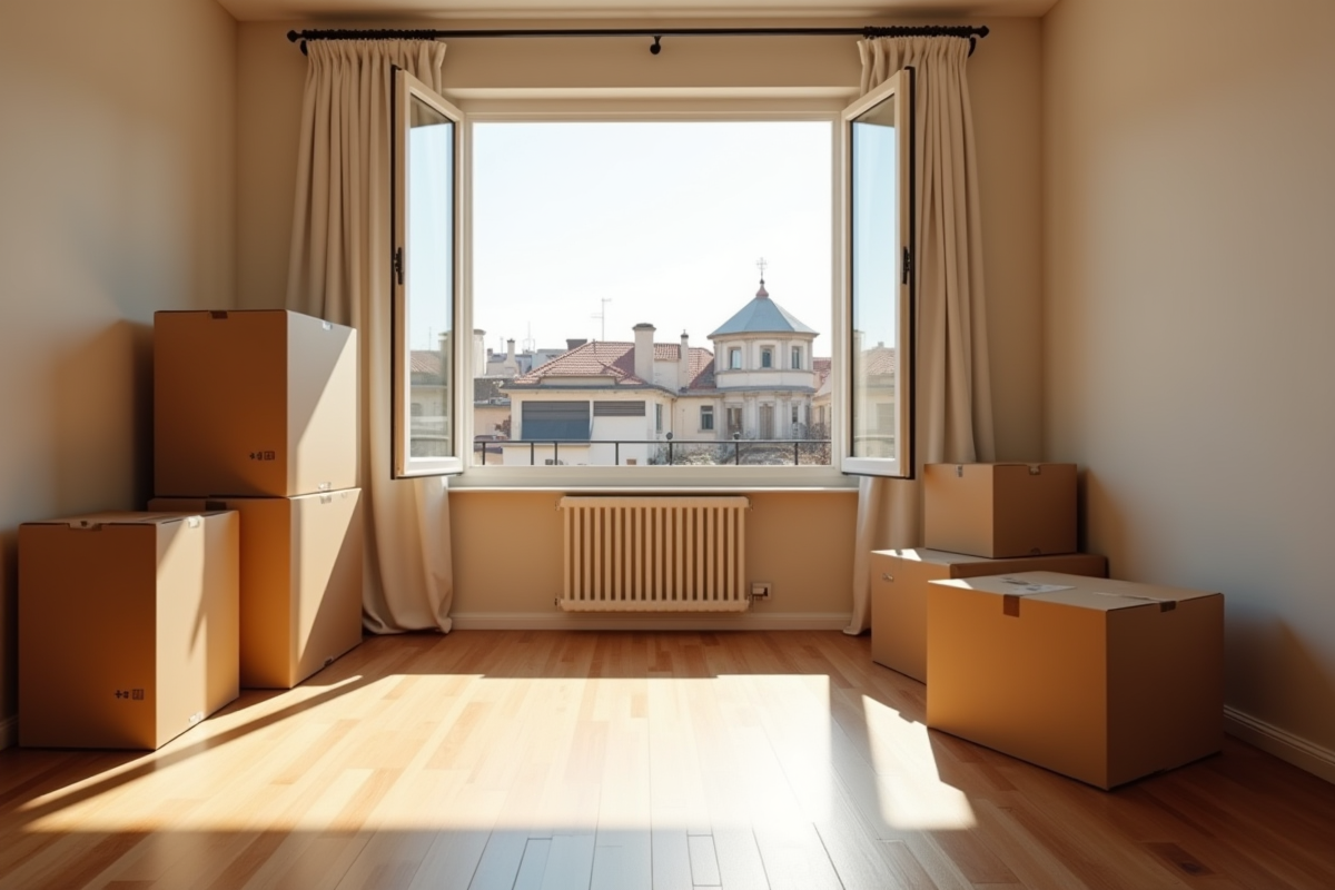 Intérieur d appartement vide avec cartons et vue sur les toits de Mille