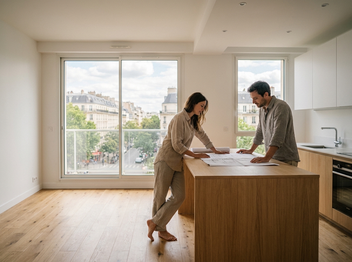 Intérieur moderne d'un appartement neuf avec vue sur la ville à Choisy-le-Roi