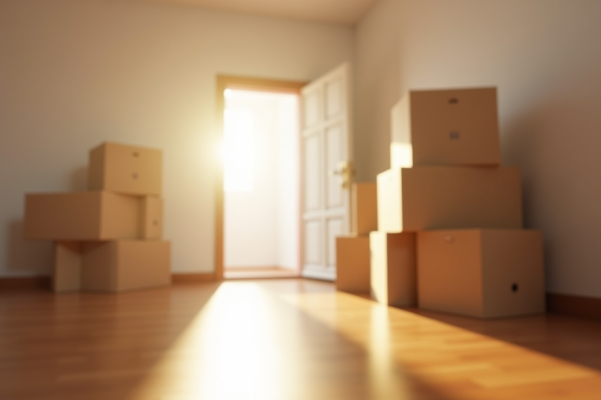 Appartement vide avec cartons et porte ouverte en transition