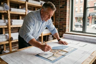 Architecte professionnel étudiant un plan de coupe pour une extension de maison posé sur une table à dessin en bois