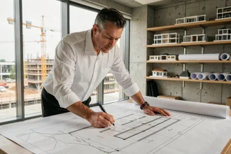 Architecte professionnel étudiant un plan en coupe de bâtiment et de terrain dans un studio d'architecture moderne en 2026