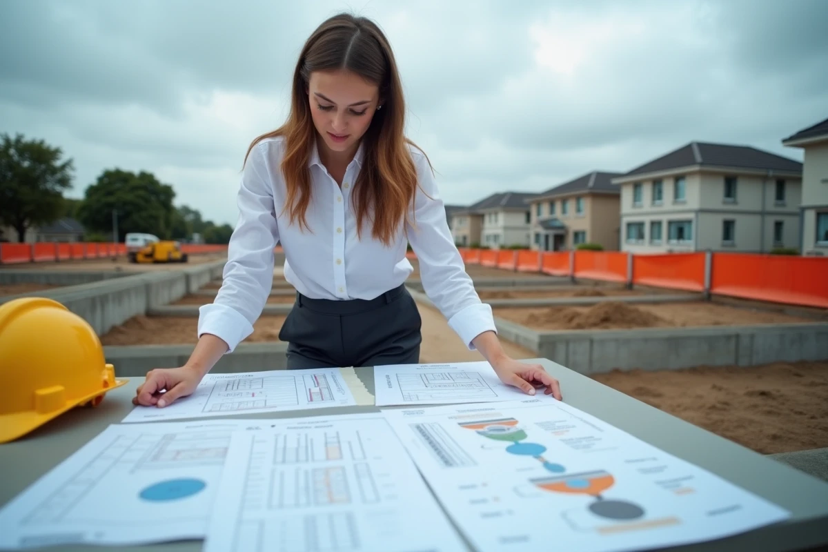 Architecte consultant un rapport d'étude de sol géotechnique sur un chantier résidentiel
