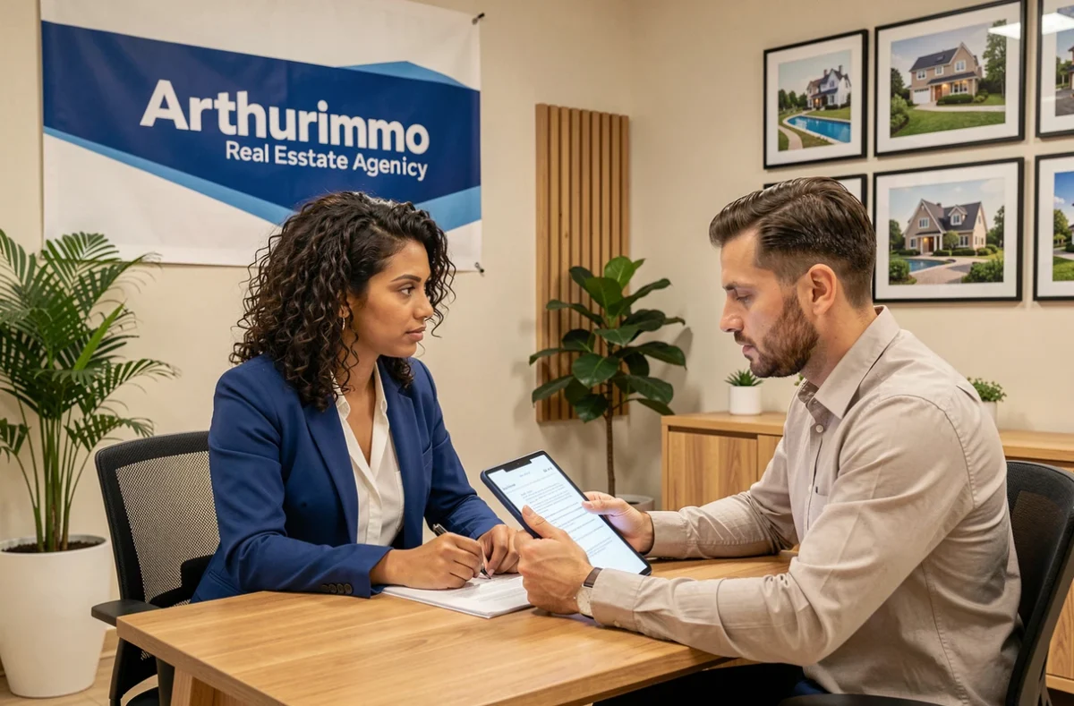 Agente Arthurimmo présentant un contrat immobilier à un client dans un bureau contemporain