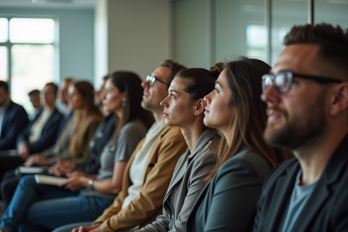 Groupe diversifié attendant dans un hall d