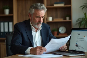 Un homme d'affaires consultant des avis clients et documents juridiques sur son bureau à domicile