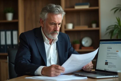 Un homme d'affaires consultant des avis clients et documents juridiques sur son bureau à domicile