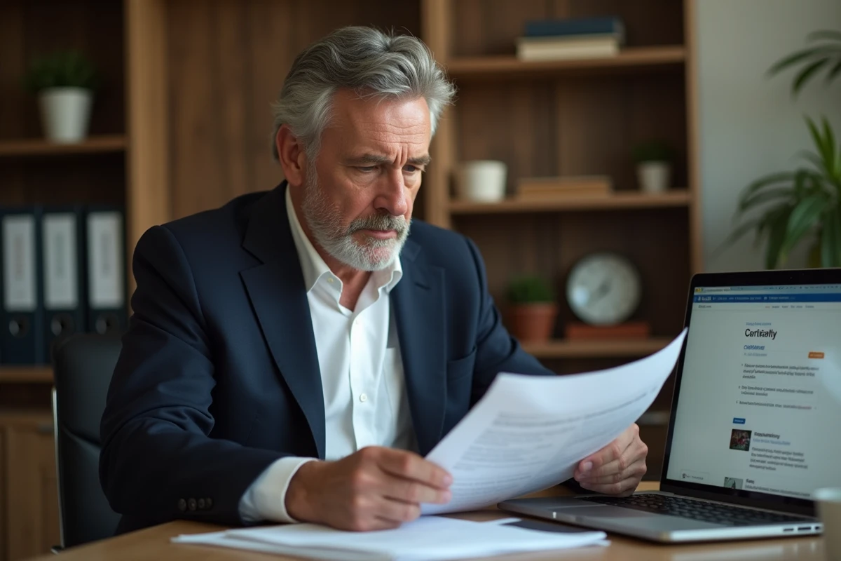 Un homme d'affaires consultant des avis clients et documents juridiques sur son bureau à domicile