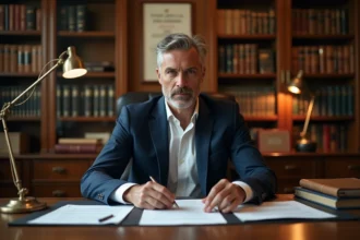Avocat spécialisé en droit immobilier analysant un bail d'habitation dans un bureau juridique classique