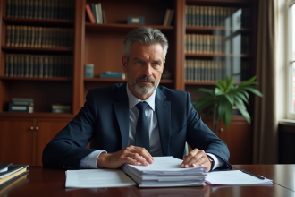 Avocat d'âge moyen en costume navy dans un bureau élégant