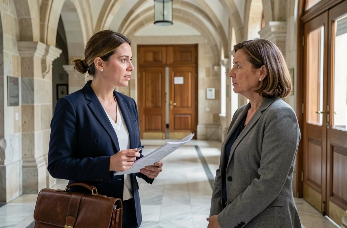 Avocate en droit immobilier conseillant sa cliente dans un couloir du palais de justice d'Avignon