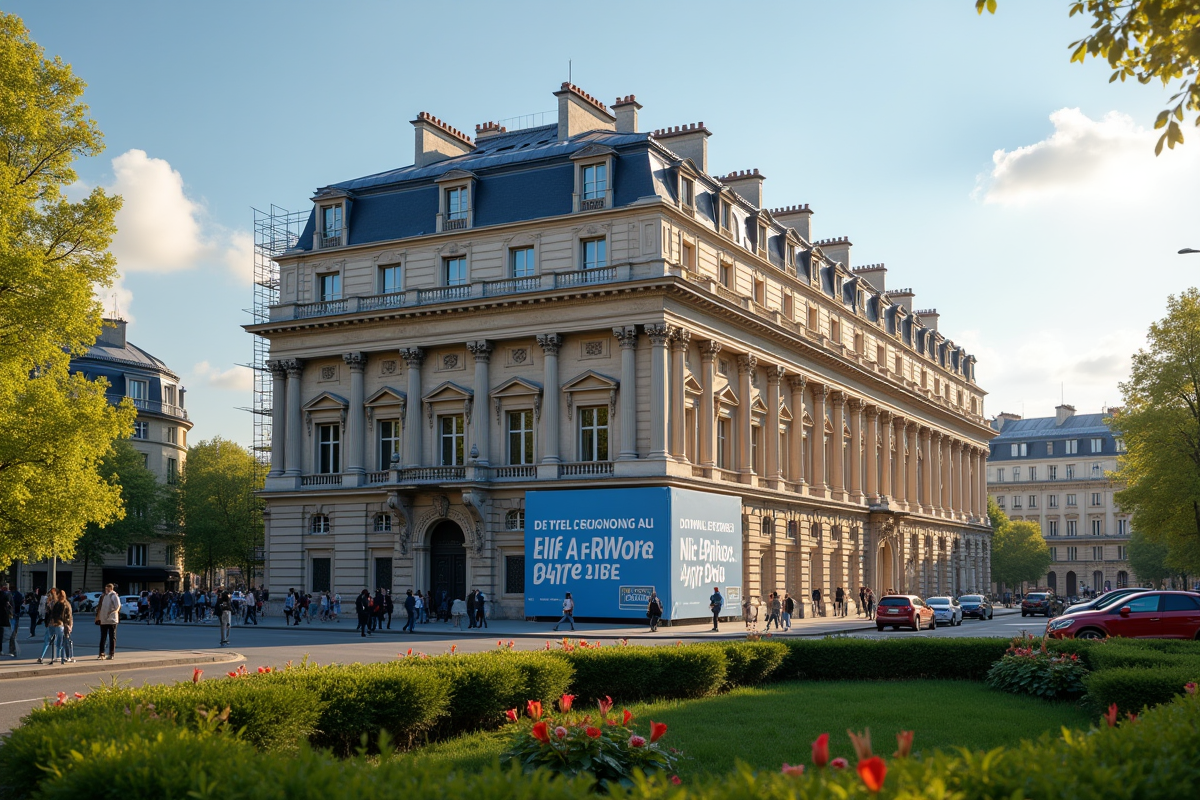 Bâtiment parisien classique en rénovation avec échafaudages et panneau Malraux