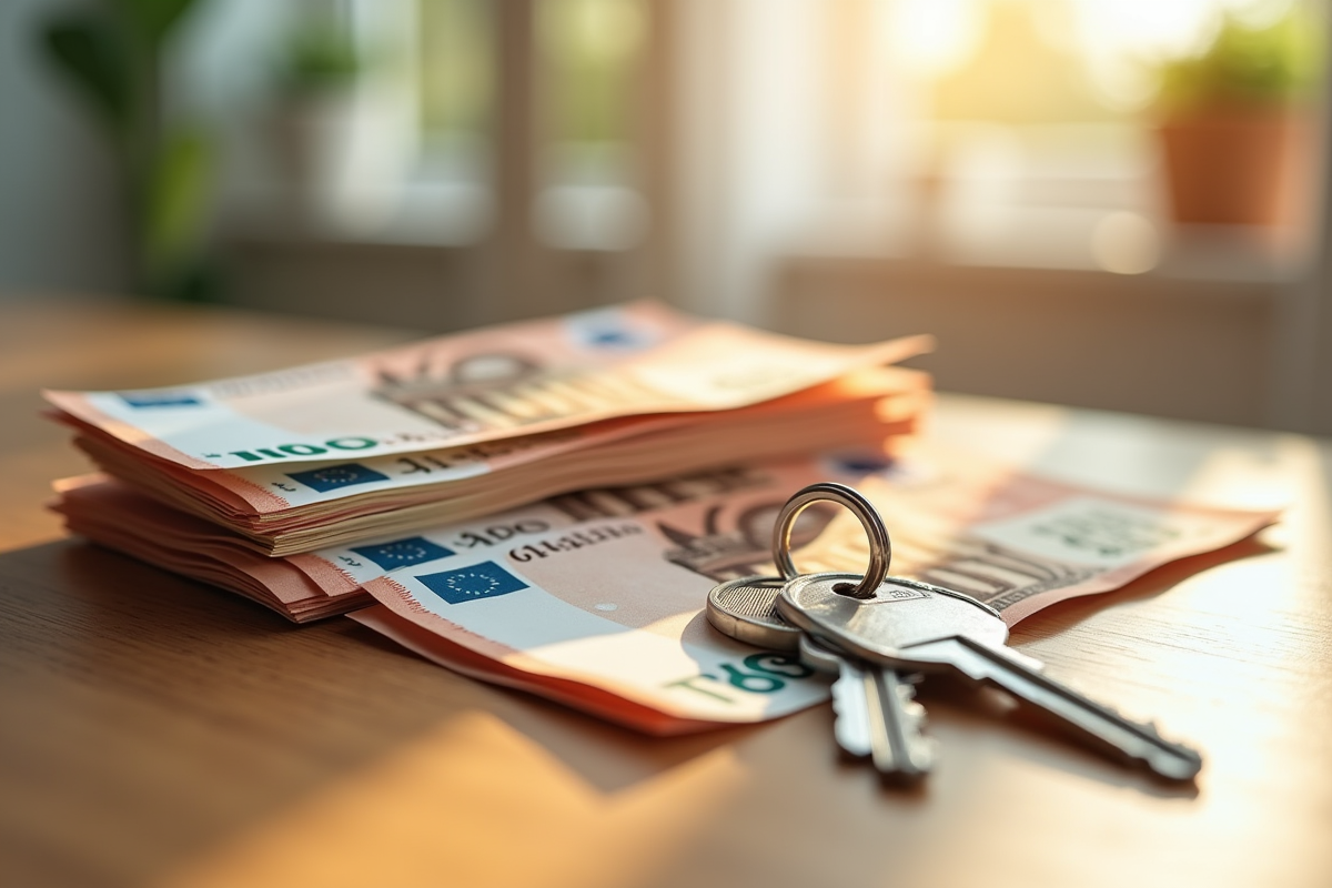 Une pile de billets euros et des clés de maison sur une table en bois