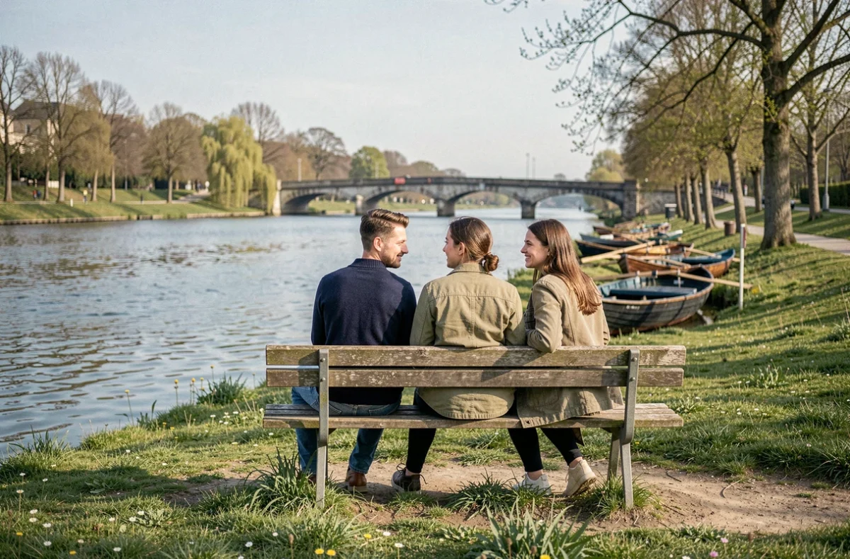 Couple assis sur un banc au bord de la Marne à Nogent-sur-Marne au printemps, parc verdoyant et ambiance sereine au bord de l'eau