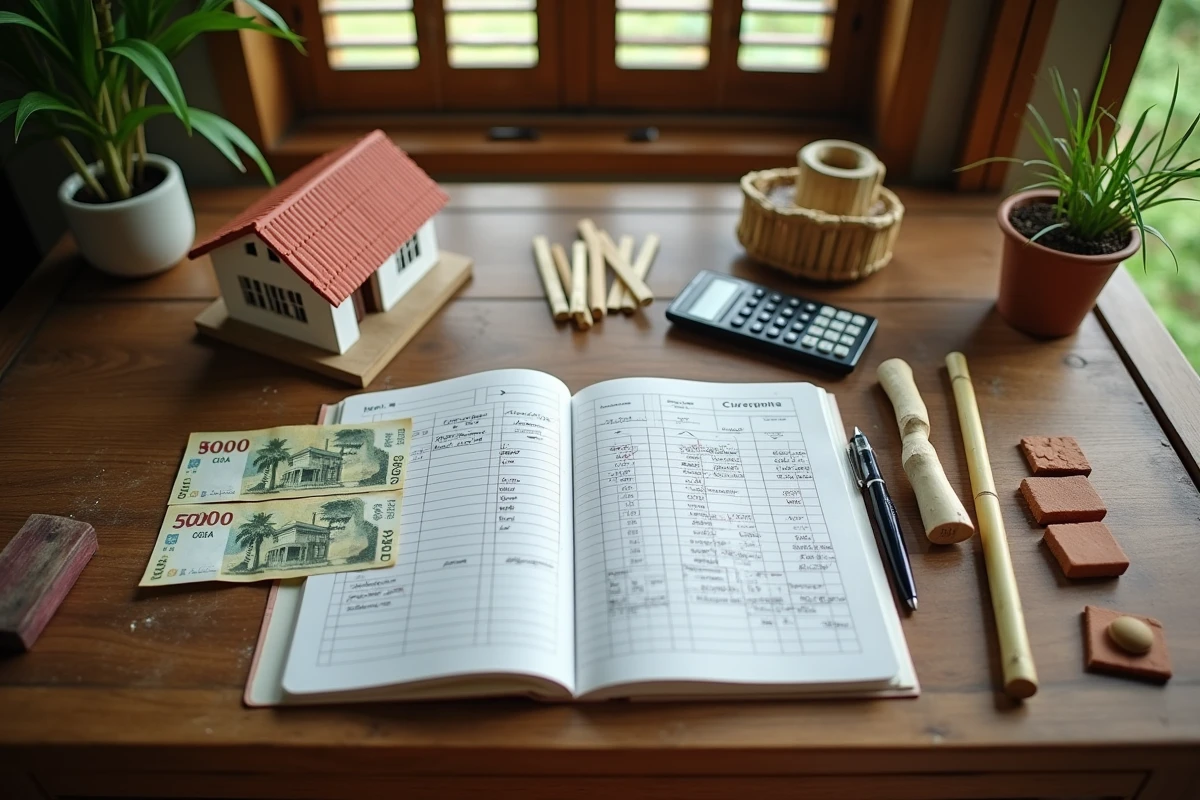 Vue de dessus d'un bureau en teck avec des billets en bahts thaïlandais, un carnet de budget et une maquette de maison pour planifier la construction en Thaïlande