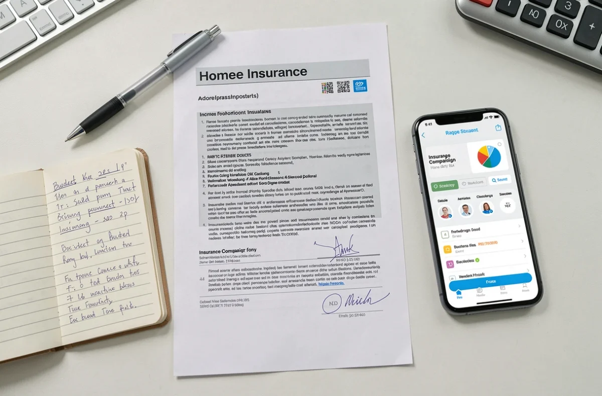 Vue de dessus d'un bureau avec documents d'assurance habitation, calculatrice et comparateur en ligne pour trouver une offre pas chère