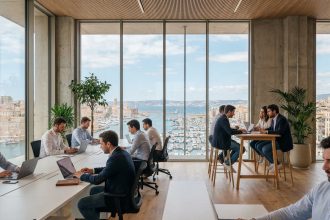 Bureau moderne à Marseille avec vue panoramique sur le Vieux-Port et la Méditerranée, professionnels en espace de coworking contemporain